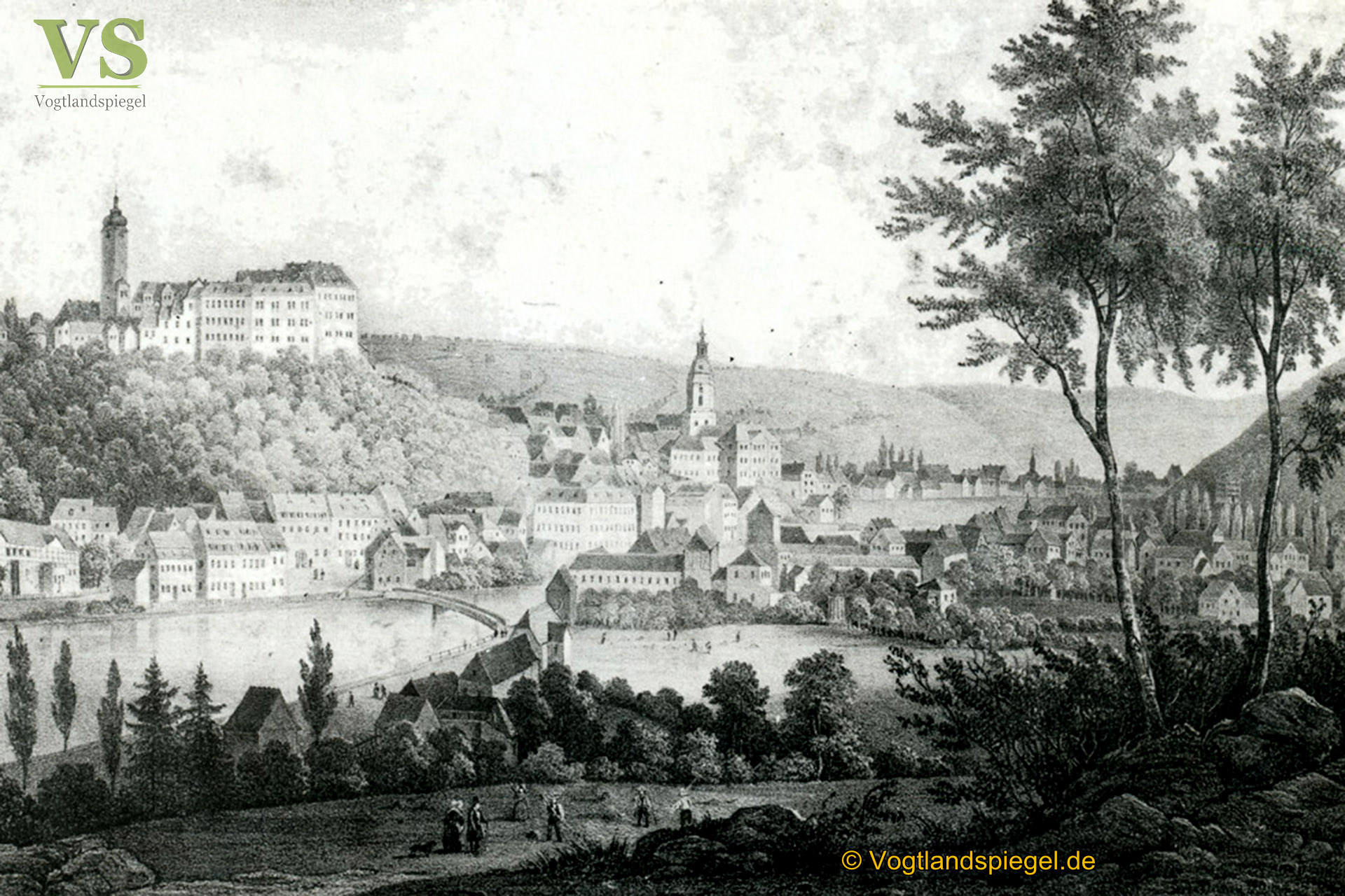Ansicht auf Greiz vom Tempelwald, um 1850