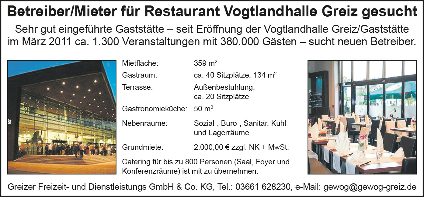Betreiber/Mieter für Restaurant Vogtlandhalle Greiz gesucht