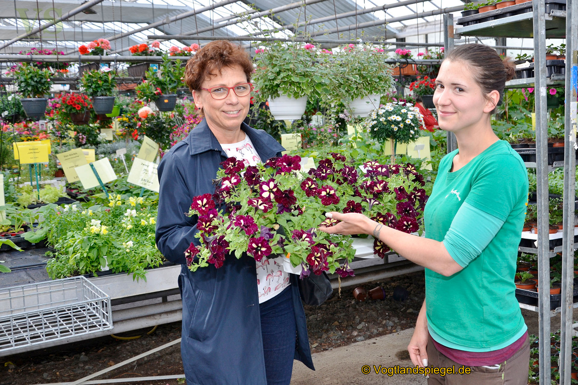 Mitarbeiterin Sabrina (r.) berät Kundin Angela Gollmann beim Pflanzenkauf.